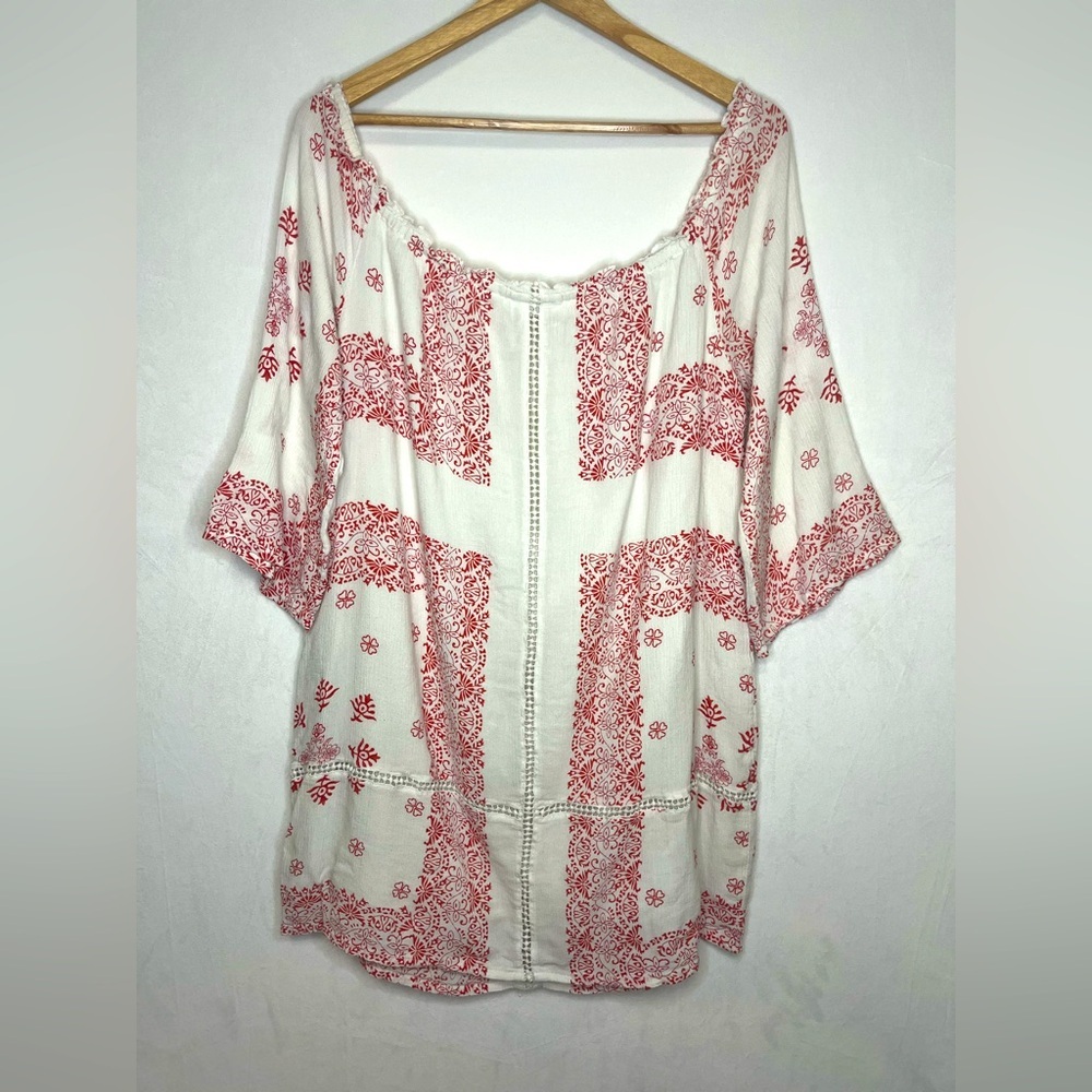 New York & Company Women's Red and White Tunic Bohemian Indie Retro Top Size L - Picture 2 of 4
